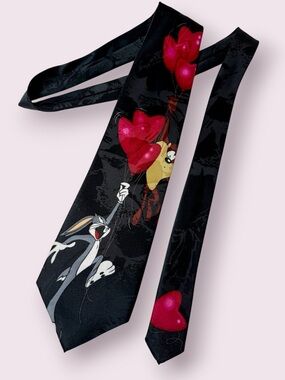Looney Tunes Mania Necktie Bugs Bunny and Taz with Heart Balloons